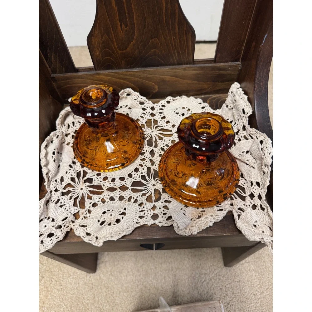 Tiara Exclusives Amber Glass Sandwich Pattern Candlestick Holders Pair Vintage